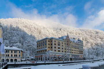 SOCHI, RUSSIA - JANUARY 25, 2022: Hotel at winter ski resort Caucasus Mountains 