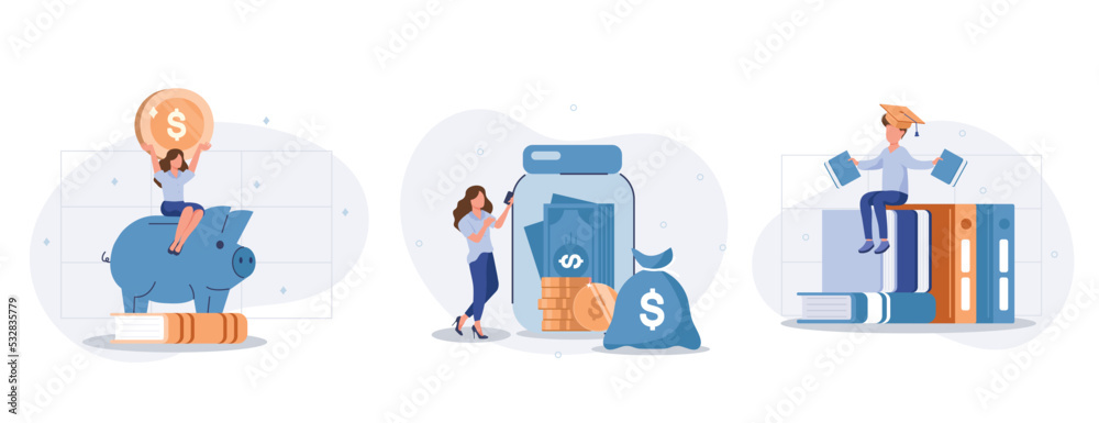 Wall mural Financial education illustration set. Student characters investing money in education and knowledge. Personal finance management and financial literacy concept. Vector illustration.