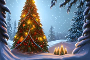 Fototapeten Dreamy Christmas tree with Christmas decorations in a snowy winter landscape digital painting - illustration © 39