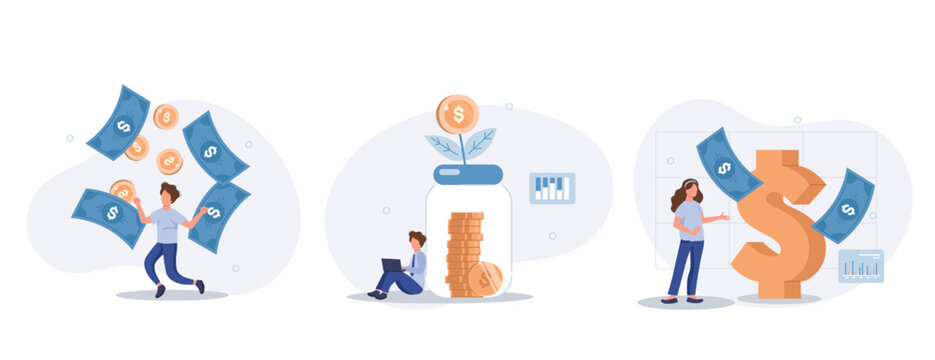 Passive income illustration set. Characters enjoying financial freedom and independence. Successfully and free of debts people planning budget. Vector illustration.