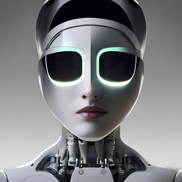 A high-tech futuristic android is standing in a room full of people. The android is taller than most of the people around it and has a sleek, white body. Its face is expressionless, but its eyes are g