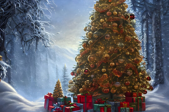 Dreamy Christmas tree with christmas decorations and presents / gifts in a snowy winter landscape digital painting - illustration