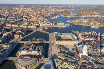 Stockholm Old Town and Royal Palace in Background. It is located in Gamla Stan Island in Stockholm, Sweden. Drone Point of View