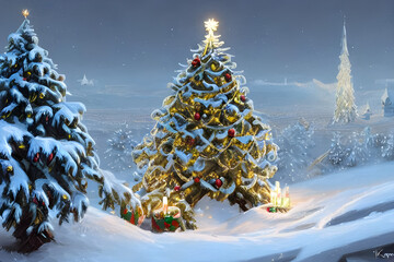 Dreamy Christmas tree with Christmas decorations in a snowy winter landscape digital painting - illustration