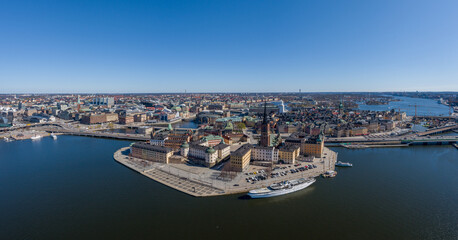 Obraz na płótnie Canvas Stockholm Cityscape with Beautiful Old Town Architecture. Sweden. Drone Point of View