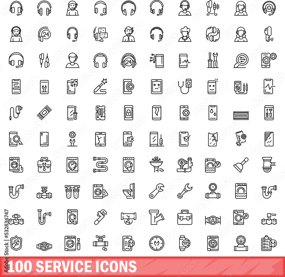Wall mural 100 service icons set. Outline illustration of 100 service icons vector set isolated on white background - Wall murals