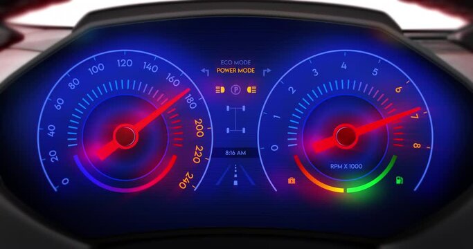 Super Sport Racing Car Dashboard Pushing The Limits Of V8 Engine In Flames. Tachometer Showing Extreme Performance. Technology And Industry Related 3D Animation.
