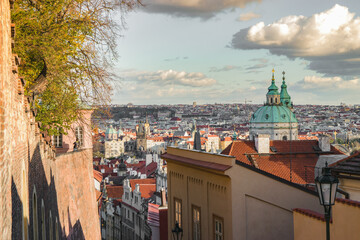 Prague famous street with the ciyscape from above