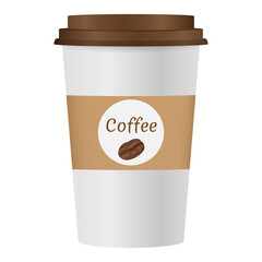 Close up take-out coffee with brown cap and cup holder. Isolated on white background.  Illustration