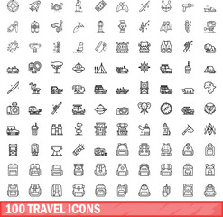 100 travel icons set. Outline illustration of 100 travel icons vector set isolated on white background