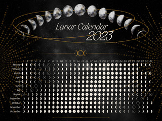 Dark horizontal Lunar Calendar of 2023 for Northern Hemisphere. Moon calendar with watercolor moons and silver elements