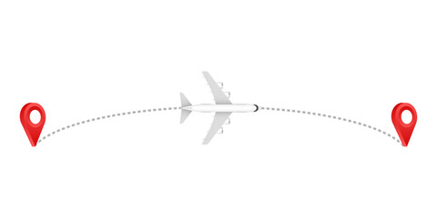 Airplane line path icon of air plane flight route with start point and dash line trace. Aircraft clip art icon with route path track.