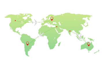 World map whit dashed trace line and airplanes flying.  stock illustration.