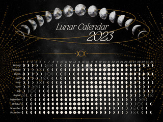 Dark horizontal Lunar Calendar of 2023 for Southern Hemisphere. Moon calendar with watercolor moons and silver elements