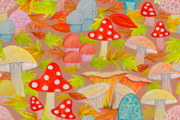 Seamless watercolor pattern with painted mushrooms and autumn fallen leaves.