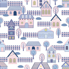 Fototapeta premium Vector Seamless pattern with hand drawn tree and house. Great for fabric, textile vector illustration