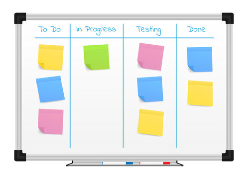 Board with Color Sticky Notes and Markers for Management. Weekly planner.
