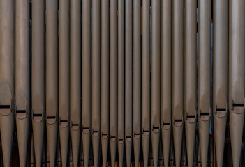 close-up view of church organ pipes