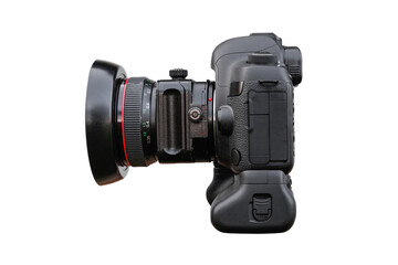 Photography lens with shifting capacity, illustration of shift movements on camera DSLR with vertical grip, side view, isolated on white background