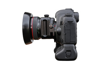 Photography lens with shifting capacity, illustration of shift movements on camera DSLR with vertical grip, side view, isolated on white background