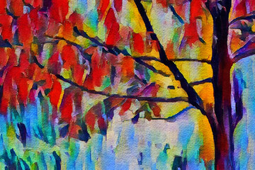 A colorful tree is seen in autumn in a digital watercolor image.