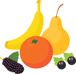 Wholesome food icon isometric vector. Banana, orange, pear fruit and black berry. Organic fruit, healthy nutrition