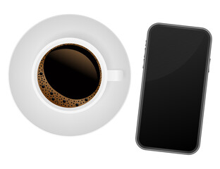 Smartphone with cup of strong coffee on white background.  stock illustration.