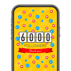 thanks design template for network friends and followers. Thank you 6000 followers card. Image for Social Networks.  illustration.