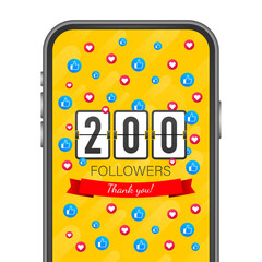 200 followers, Thank You, social sites post. Thank you followers congratulation card.  illustration