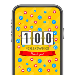 100 followers, Thank You, social sites post. Thank you followers congratulation card.  illustration