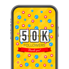 50k followers, Thank You, social sites post. Thank you followers congratulation card.  stock illustration.