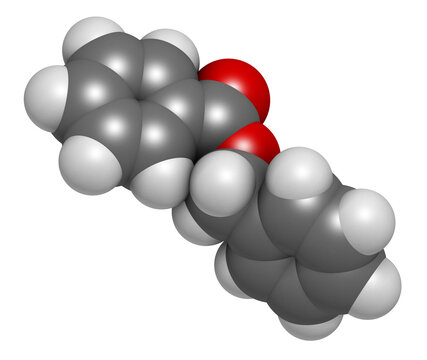 Benzyl benzoate drug molecule. Used as acaricide, scabicide, etc.  Atoms are represented as spheres with conventional color coding: hydrogen (white), carbon (grey), oxygen (red).