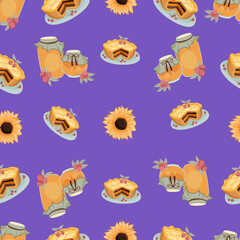 Autumn hand drawn seamless pattern with seasonal elements on violet background. Great for fabric, wallpaper, textile, packaging. Vector illustration.