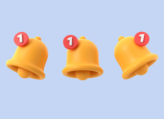 3d icon of a yellow bell and a red sign of a missed notification in a minimalistic cartoon style. illustration isolated on blue background. 3d rendering