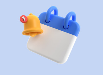 3d calendar and yellow bell icon with a missed notification sign in cartoon style. business planning concept. illustration isolated on blue background. 3d rendering
