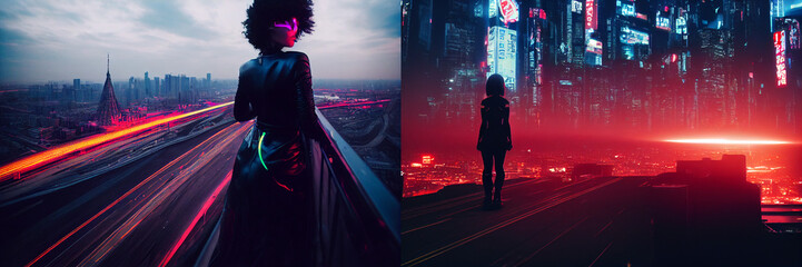 Cyberpunk picture, people walking in the futuristic city, collection