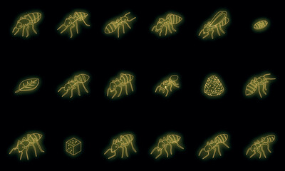 Ant icons set. Isometric set of ant vector icons neon color on black