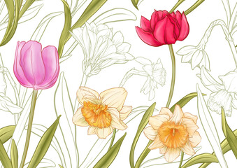 Obraz premium White daffodils and tulips flowers, the early spring flowers. Seamless pattern, background. Vector illustration. In botanical style