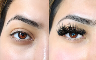 Close up of eyelash extensions in beauty salon before and after