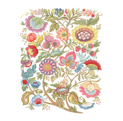 Fantasy flowers in retro, vintage, jacobean embroidery style. Elemants for design. Vector illustration.