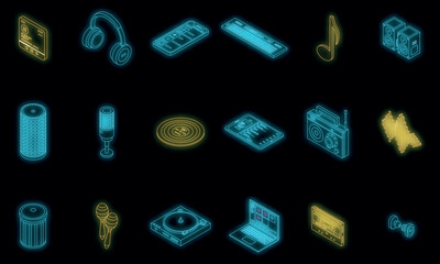 Playlist icons set. Isometric set of playlist vector icons neon color on black