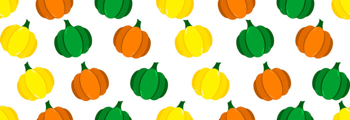 Autumn pumpkins are green, yellow and orange. Seamless pattern.