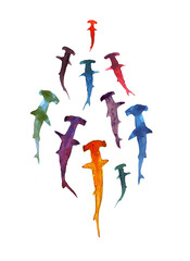 Set of multi-colored silhouettes of hammerhead sharks on a white background. - obrazy, fototapety, plakaty