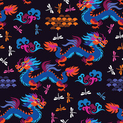 Fototapeta na wymiar Japanese, Chinese seamless pattern with Dragon, fan, sakura , clouds, bonsai, sea vawes Abstract background design texture, textile, kimono, cover, paper Vector illustration