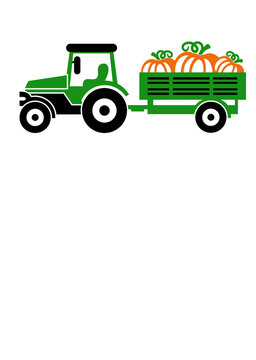 Tractor with pumpkin harvest. Thanksgiving decor. Farmers market sign.  Isolated transparent background.