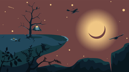 Tent, Campfire on the Cliff At night. Beautiful Sky with Stars and the Moon. A Witch Flies High. Halloween