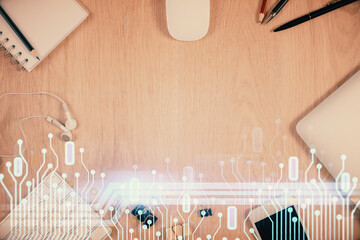 Multi exposure of technology theme drawing over work table desktop. Top view. Global data analysis concept.