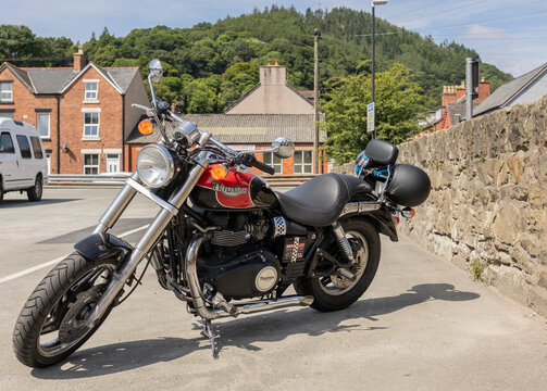  Llangollen Wales united kingdom July 16 2022  A classic Triumph Legend parked up in the middle of a busy town. Classic motorbike