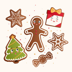 Gingerbread set. Gingerbread cookies set. Cute cookie smiling. Set of Christmas elements. Vector illustration in flat style