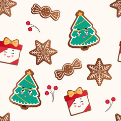 Gingerbread pattern. Festive background with cookies, Christmas tree, candies, gift box. Vector illustration in flat style